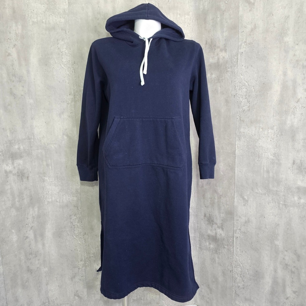 Lands End Womens Large Navy Blue Hooded Fleece Sweatshirt Midi Dress Side Slit